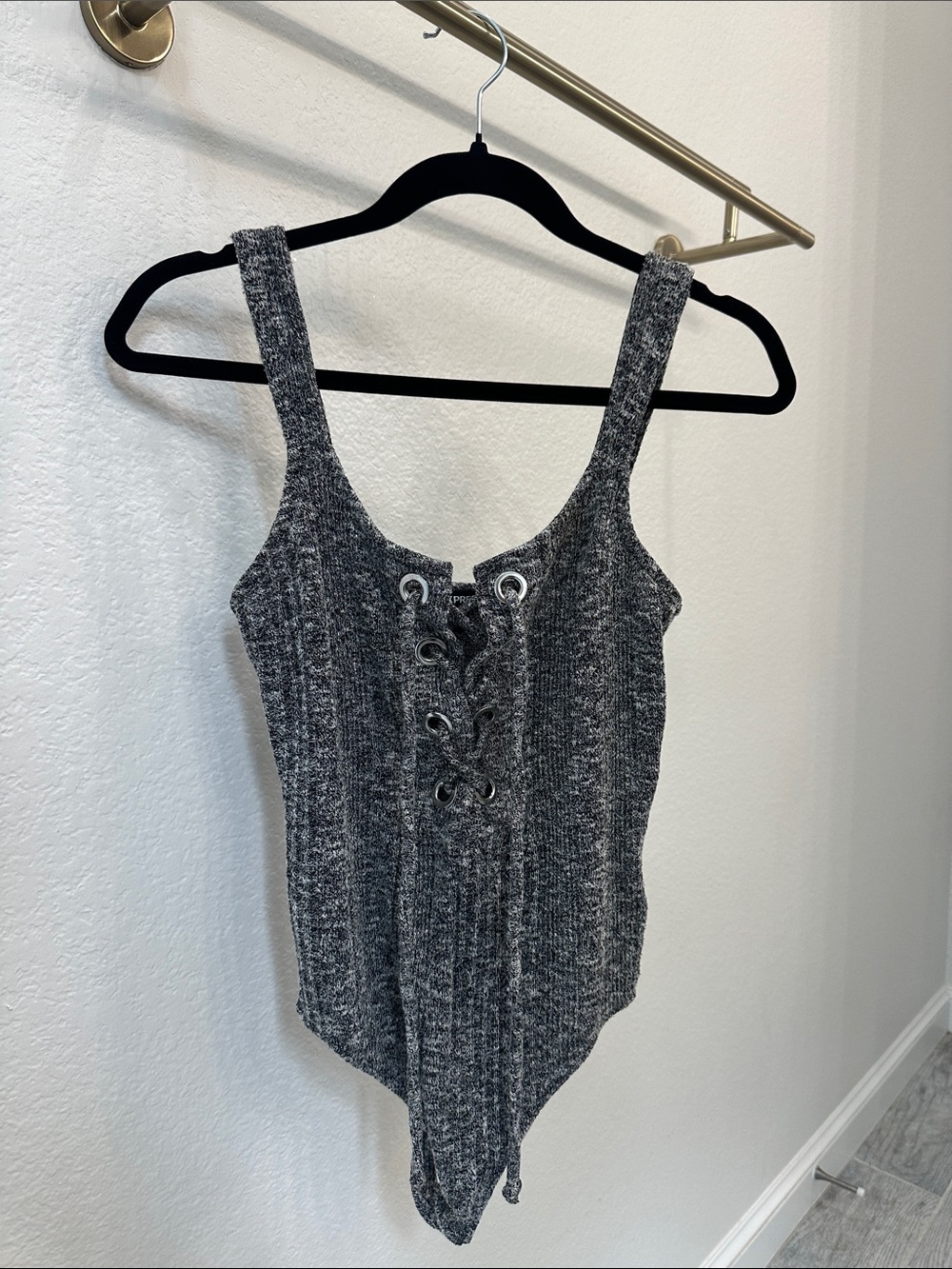 Express Charcoal Ribbed Lace-Up Bodysuit